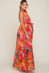 Multi-Color Palm Print Pleated Chiffon Maternity Maxi Dress