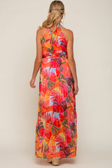 Multi-Color Palm Print Pleated Chiffon Maternity Maxi Dress