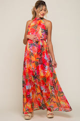 Multi-Color Palm Print Pleated Chiffon Maternity Maxi Dress