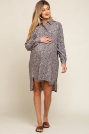 Grey Floral Button Up Long Sleeve Maternity Dress