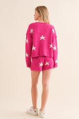 Hot Pink Soft Long Sleeve Star Print Top And Short Set