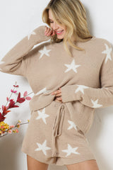 Taupe Soft Long Sleeve Star Print Top And Short Set