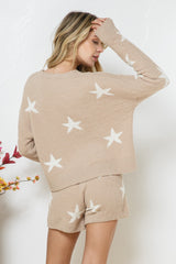 Taupe Soft Long Sleeve Star Print Top And Short Set