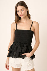 Black Smocked Bodice Double Ruffle Peplum Tank