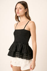 Black Smocked Bodice Double Ruffle Peplum Tank