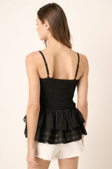 Black Smocked Bodice Double Ruffle Peplum Tank