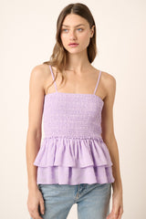 Lavender Smocked Bodice Double Ruffle Peplum Tank