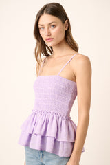 Lavender Smocked Bodice Double Ruffle Peplum Tank