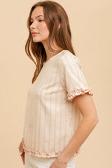 Oatmeal/Peach Mini Ruffle Linen Stripe Woven Top