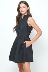 Black Button Down Mandarin Sleeveless Mini Dress