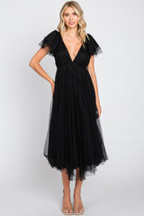 Black Tulle V-Neck Flutter Sleeve Maternity Midi Dress