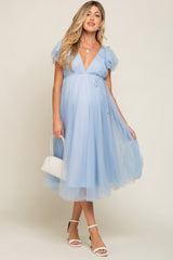 Light Blue Tulle V-Neck Flutter Sleeve Maternity Midi Dress