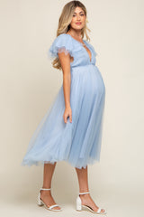 Light Blue Tulle V-Neck Flutter Sleeve Maternity Midi Dress