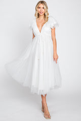 White Tulle V-Neck Flutter Sleeve Maternity Midi Dress