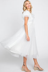 White Tulle V-Neck Flutter Sleeve Midi Dress