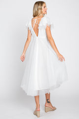 White Tulle V-Neck Flutter Sleeve Midi Dress