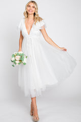 White Tulle V-Neck Flutter Sleeve Midi Dress