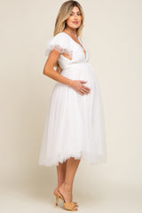 White Tulle V-Neck Flutter Sleeve Maternity Midi Dress