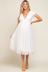 White Tulle V-Neck Flutter Sleeve Maternity Midi Dress