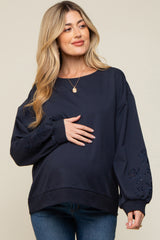 Navy Embroidered Long Sleeve Maternity Top