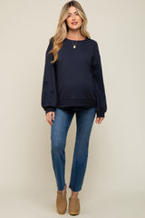 Navy Embroidered Long Sleeve Maternity Top