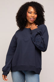 Navy Embroidered Long Sleeve Top