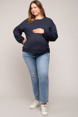 Navy Embroidered Long Sleeve Plus Maternity Top