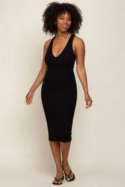 Black Ribbed Knit Fitted V-Neck Midi Dress