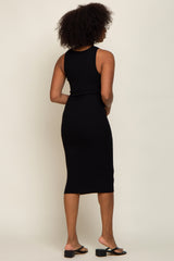 Black Ribbed Knit Fitted V-Neck Midi Dress