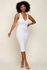 White Ribbed Knit Fitted V-Neck Midi Dress