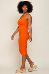 Orange Ribbed Knit Fitted V-Neck Midi Dress