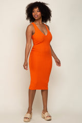 Orange Ribbed Knit Fitted V-Neck Midi Dress