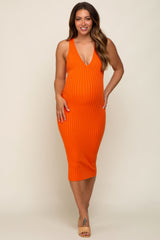 Orange Ribbed Knit Fitted V-Neck Maternity Midi Dress