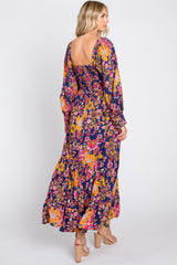 Navy Blue Floral Knot Front Twist Cutout Long Sleeve Maxi Dress