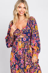 Navy Blue Floral Knot Front Twist Cutout Long Sleeve Maxi Dress