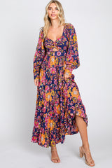 Navy Blue Floral Knot Front Twist Cutout Long Sleeve Maxi Dress