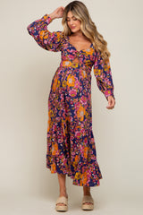 Navy Blue Floral Knot Front Twist Cutout Long Sleeve Maternity Maxi Dress