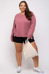 Mauve Oversized Waffle Knit Plus Long Sleeve Top