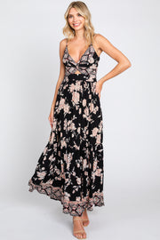 Black Floral Border Print Front Twist Maxi Dress