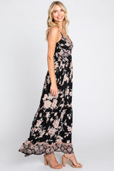 Black Floral Border Print Front Twist Maxi Dress