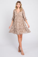 Mocha Leaf Print Chiffon 3/4 Sleeve Maternity Dress