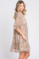 Mocha Leaf Print Chiffon 3/4 Sleeve Dress