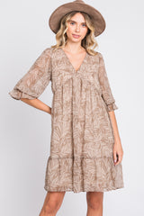 Mocha Leaf Print Chiffon 3/4 Sleeve Dress