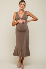 Mocha A-Line Draped Back Maternity Midi Dress