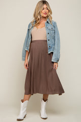 Brown Pleated Maternity Midi Skirt