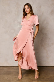 Blush Satin Tulip Hem Wrap Dress