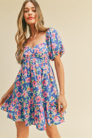 Blue Pink Floral Floral Puff Sleeve Babydoll Mini Dress