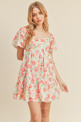 White Coral Floral Floral Puff Sleeve Babydoll Mini Dress