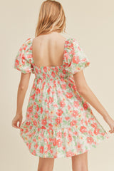 White Coral Floral Floral Puff Sleeve Babydoll Mini Dress