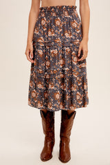 Vintage Blue Floral Printed Tiered Midi Skirt